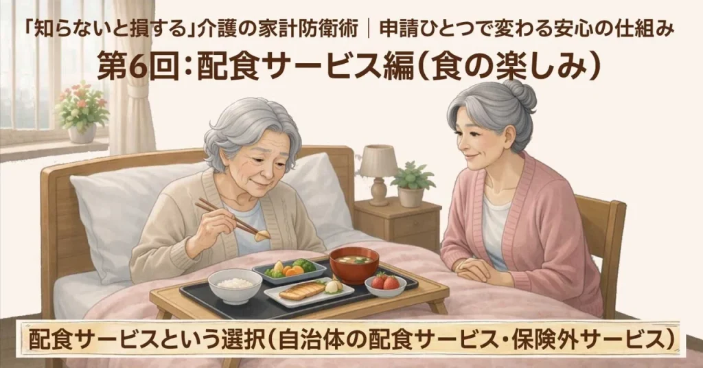 介護の家計防衛術第6回、ベッド上で食事をする高齢女性と寄り添う家族を描いた配食サービスのイラスト