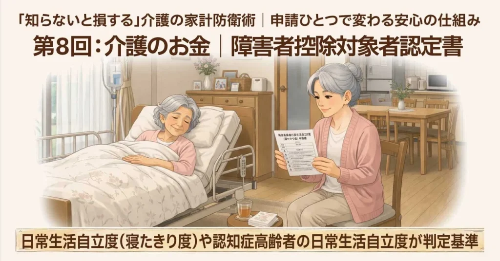 介護の家計防衛術第8回、寝たきりの高齢女性と障害者控除対象者認定書を確認する家族のイラスト