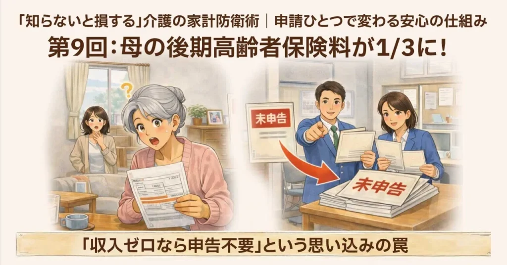 介護の家計防衛術第9回、後期高齢者医療保険料の申告漏れに気づく家族のイラスト